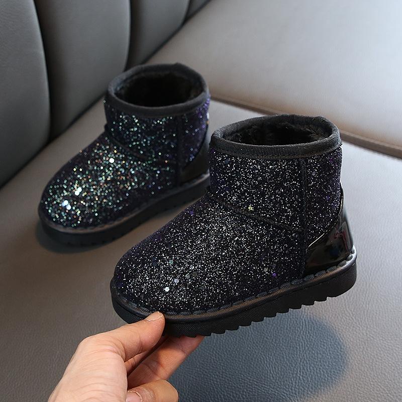Kids Winter Sequin Padded Warm Snow Boots (Black)